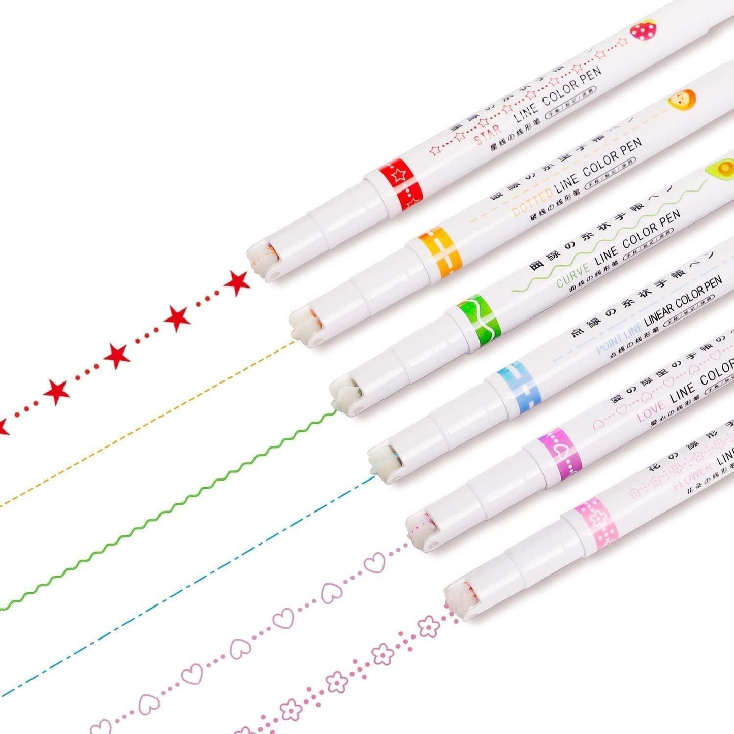 Linear Roller Color Pens Highlighters with 6 Different Curve Shapes (Set of 6)
